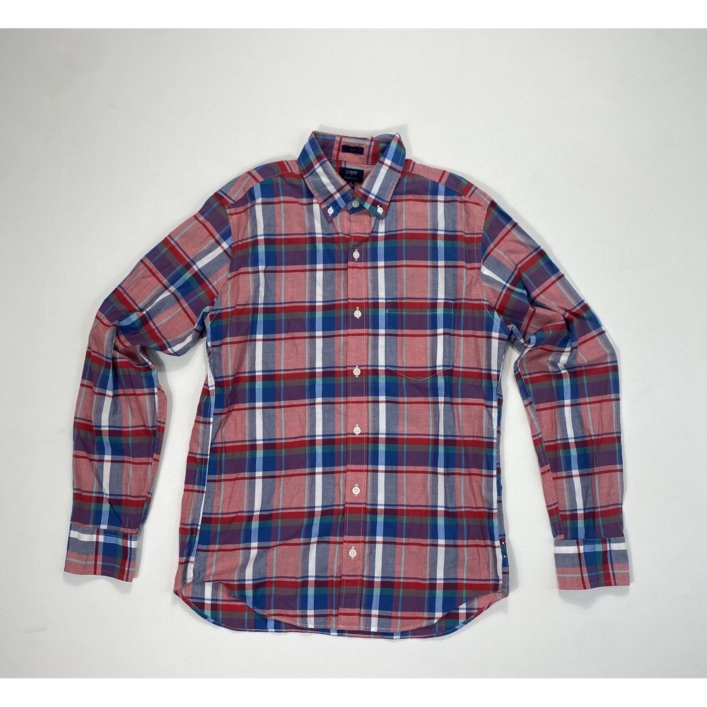 J Crew Summer Plaid Slim Fit Mens Medium Button Shirt Red Blue Cotton 44917